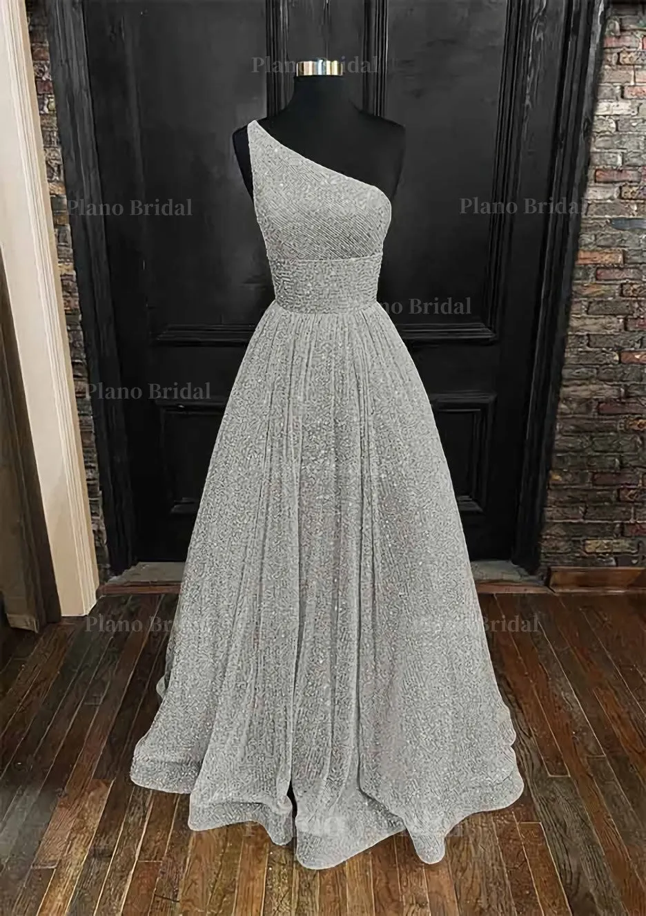 A-line One-Shoulder Sleeveless Long/Floor-Length Sequined Prom Dress With Pockets