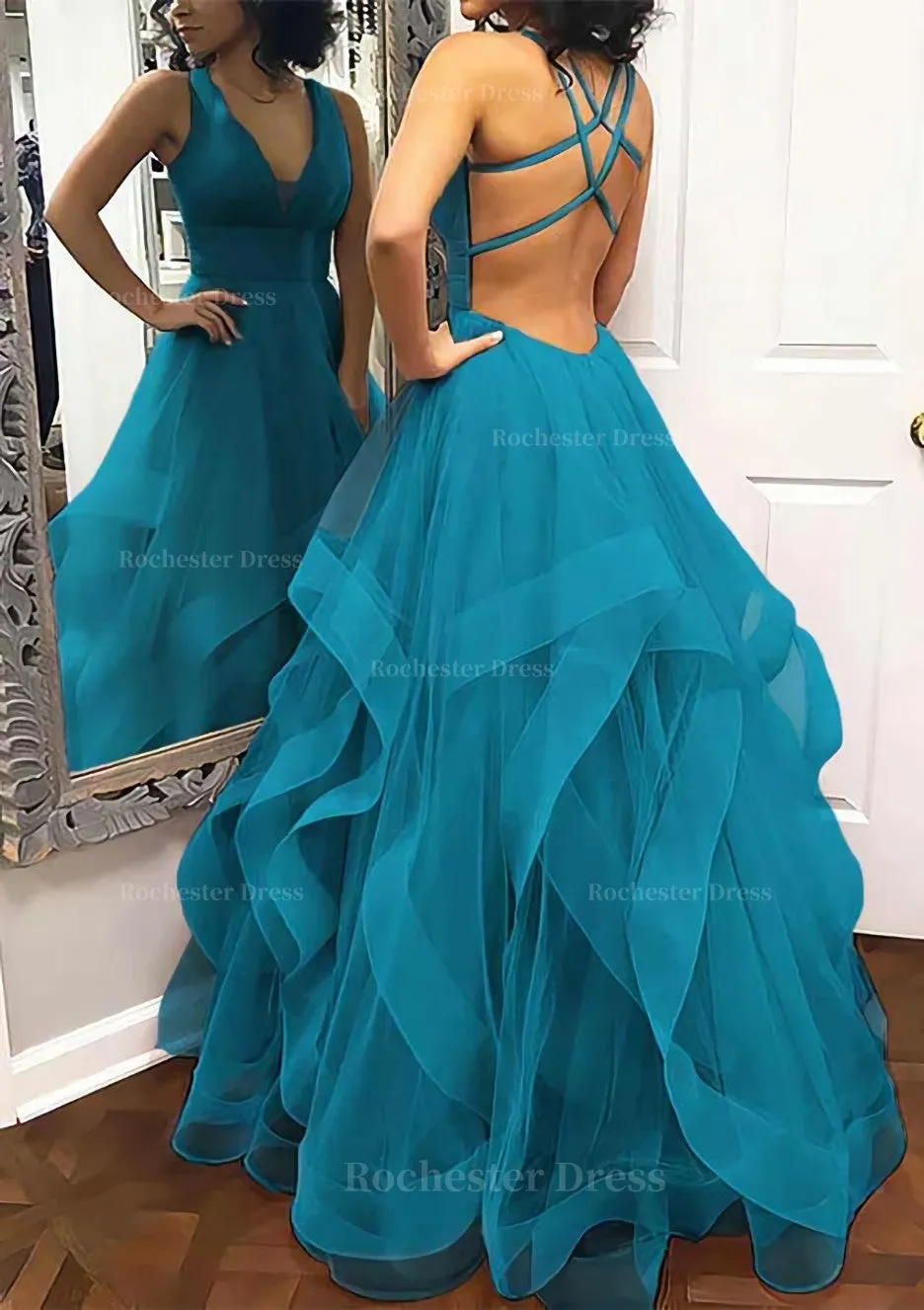 A-line Princess V Neck Sleeveless Tulle Long/Floor-Length Prom Dress With Pleated