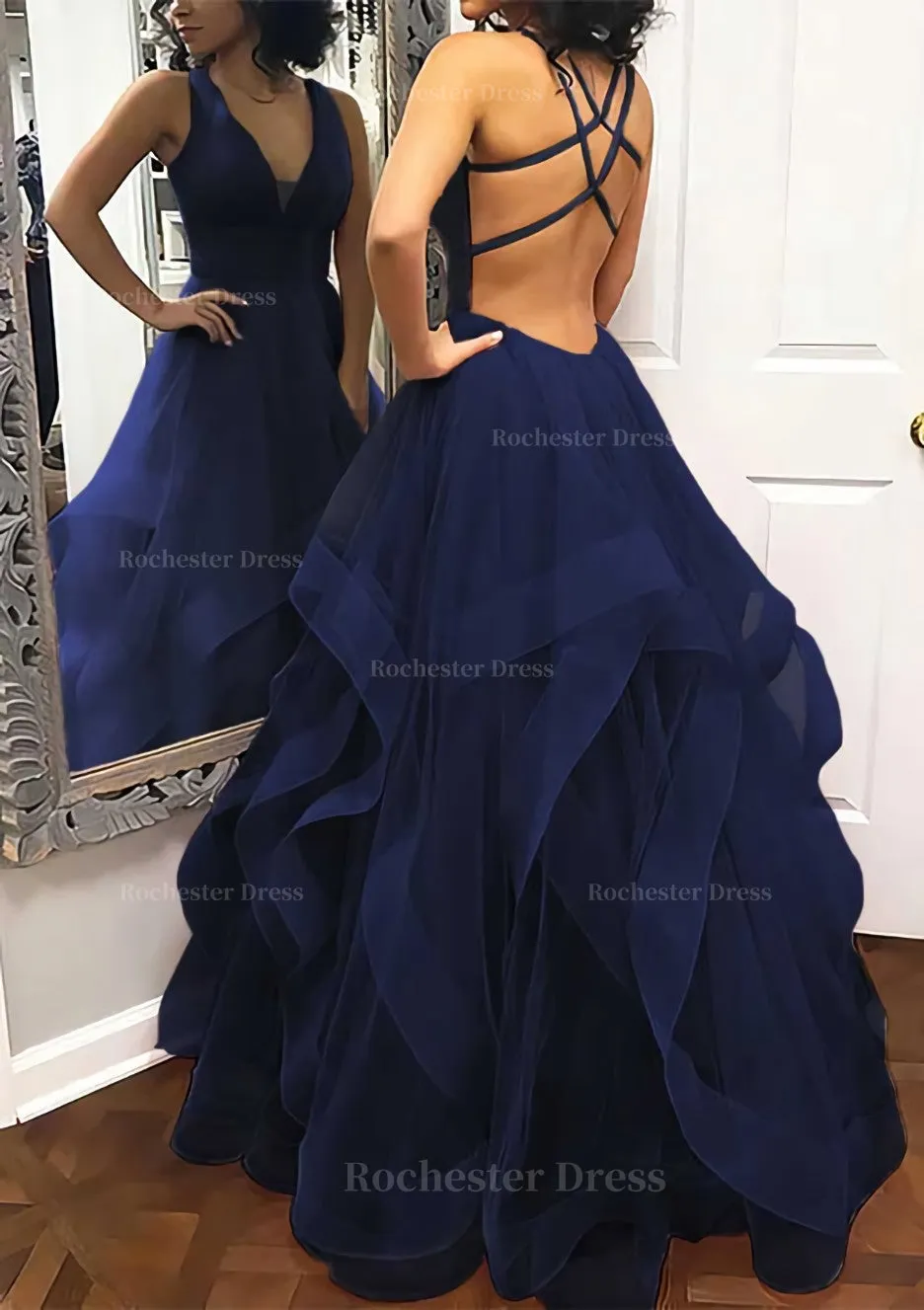 A-line Princess V Neck Sleeveless Tulle Long/Floor-Length Prom Dress With Pleated