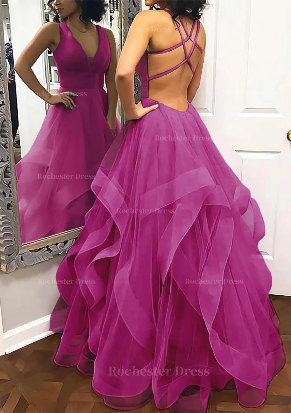 A-line Princess V Neck Sleeveless Tulle Long/Floor-Length Prom Dress With Pleated