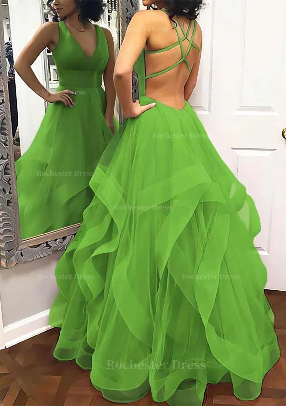 A-line Princess V Neck Sleeveless Tulle Long/Floor-Length Prom Dress With Pleated