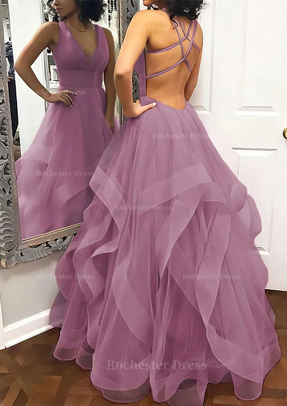 A-line Princess V Neck Sleeveless Tulle Long/Floor-Length Prom Dress With Pleated