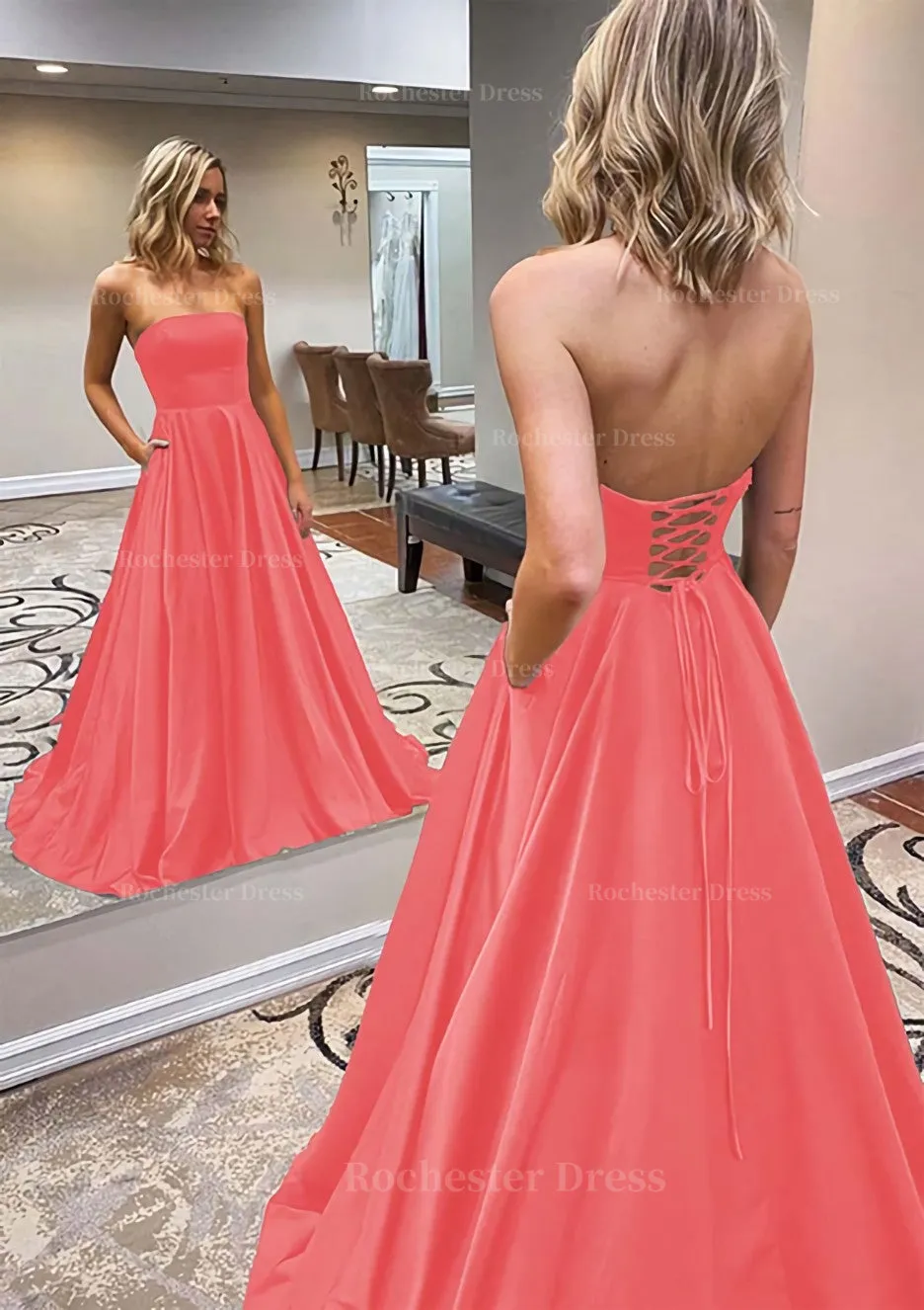 A-line Scalloped Neck Sweep Train Satin Prom Dress With Pockets