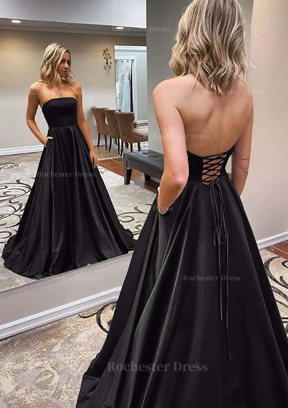 A-line Scalloped Neck Sweep Train Satin Prom Dress With Pockets