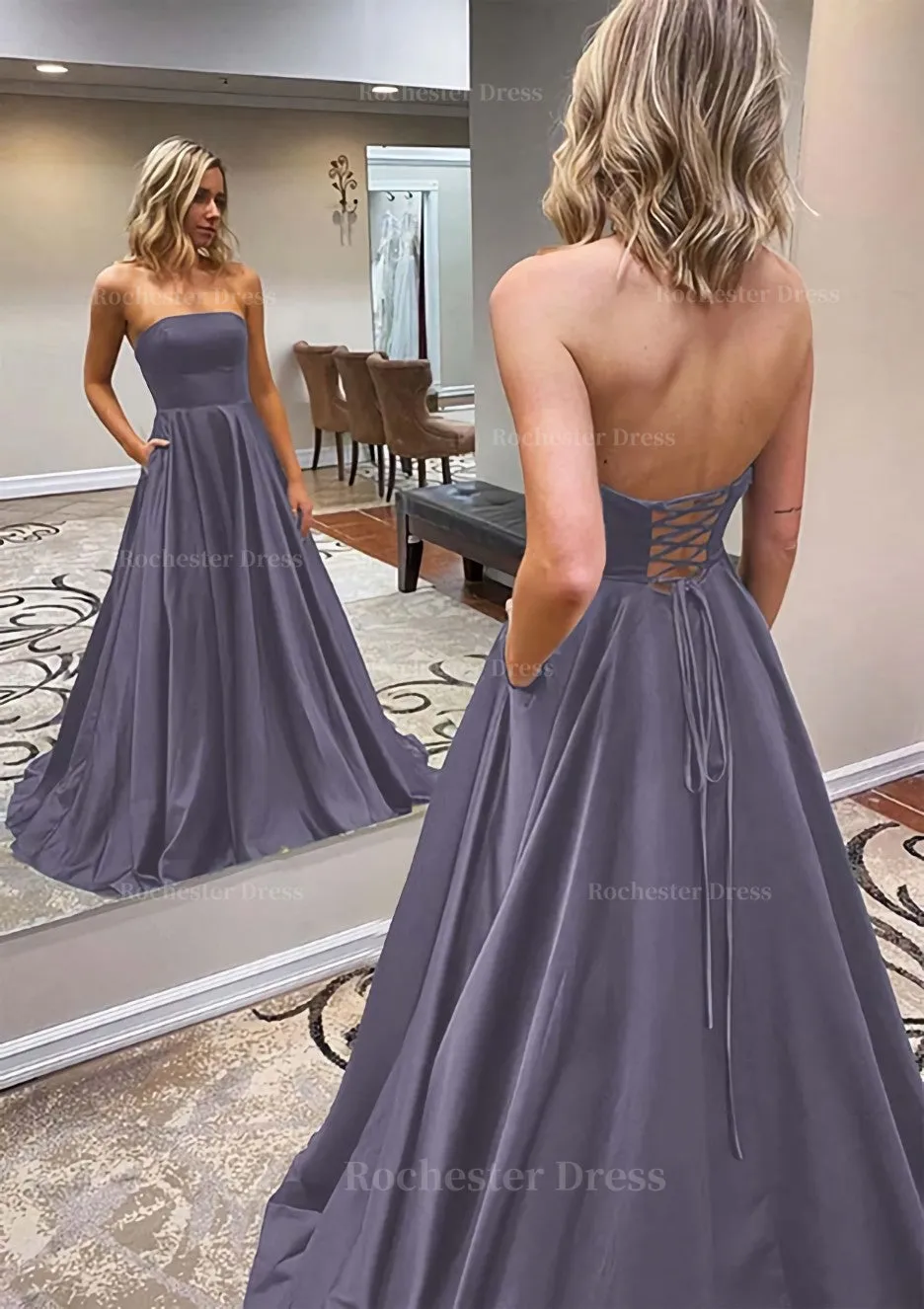 A-line Scalloped Neck Sweep Train Satin Prom Dress With Pockets