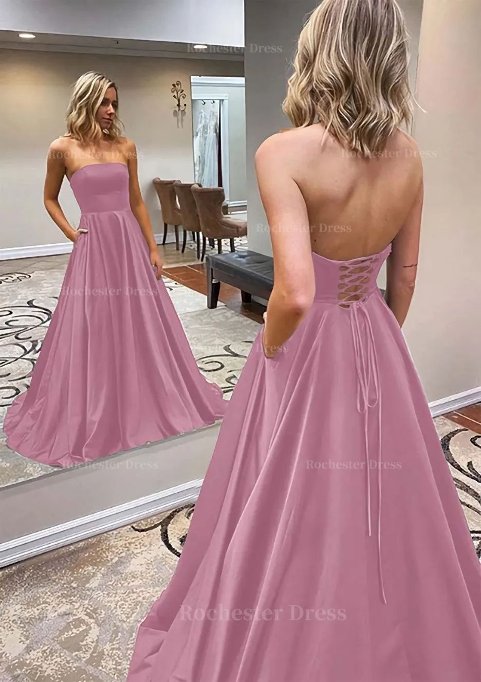 A-line Scalloped Neck Sweep Train Satin Prom Dress With Pockets