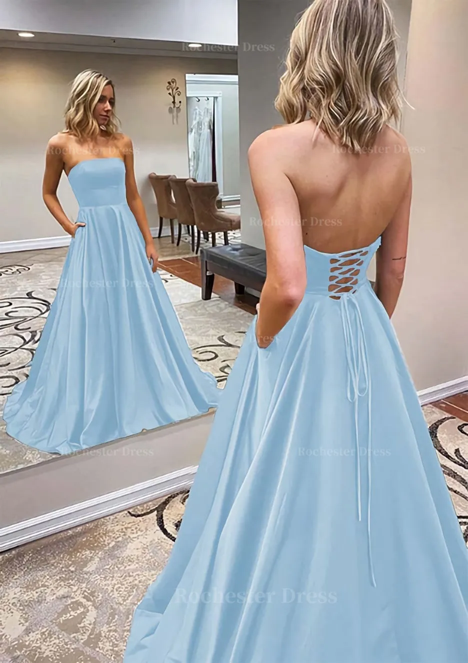 A-line Scalloped Neck Sweep Train Satin Prom Dress With Pockets