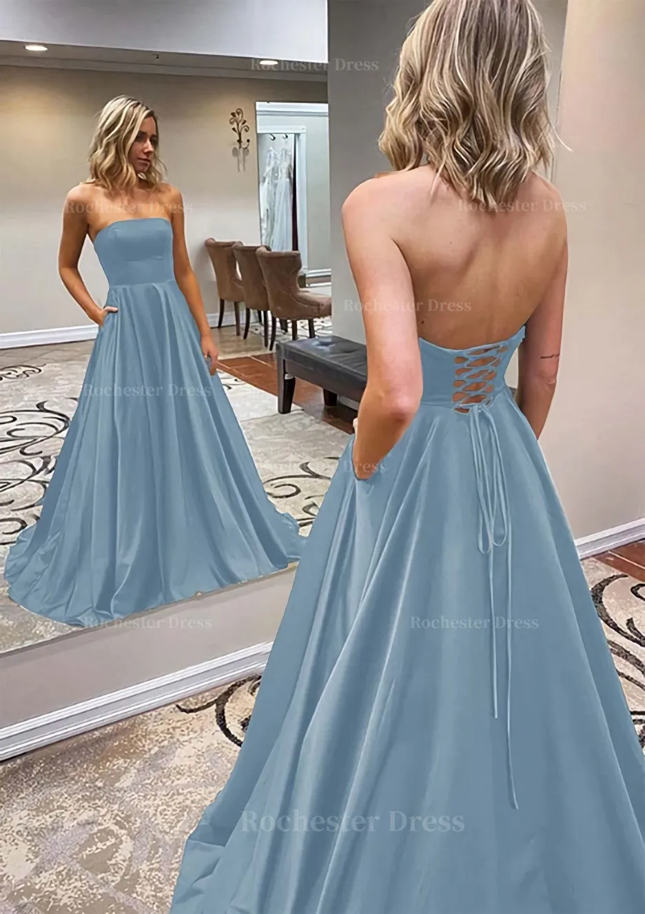 A-line Scalloped Neck Sweep Train Satin Prom Dress With Pockets