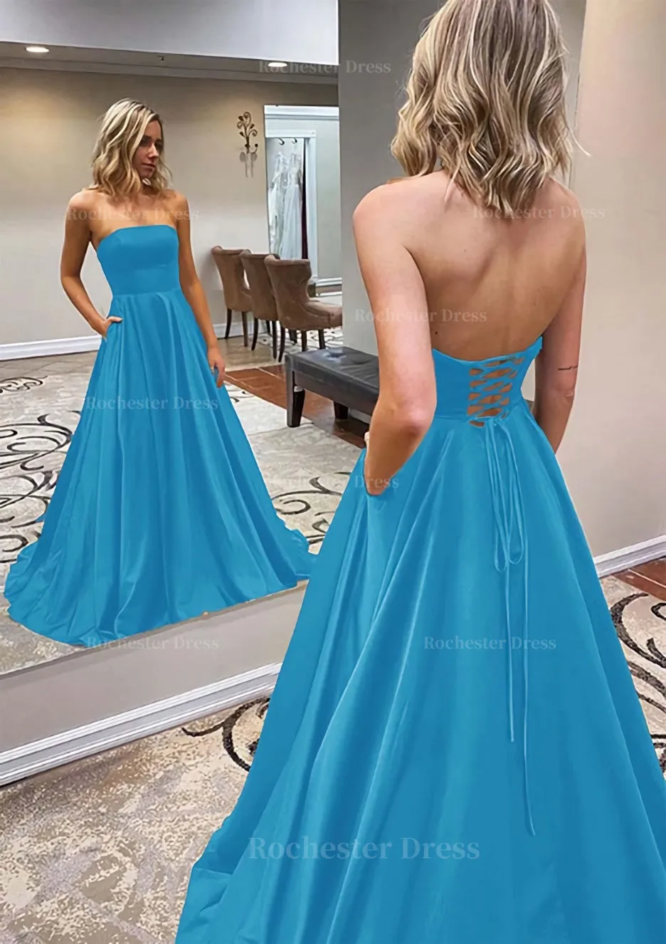 A-line Scalloped Neck Sweep Train Satin Prom Dress With Pockets