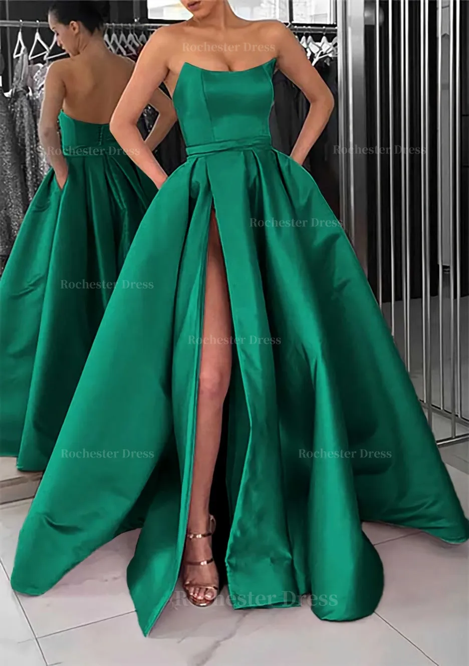 A-line Square Neckline Long/Floor-Length Satin Prom Dress With Pockets Split