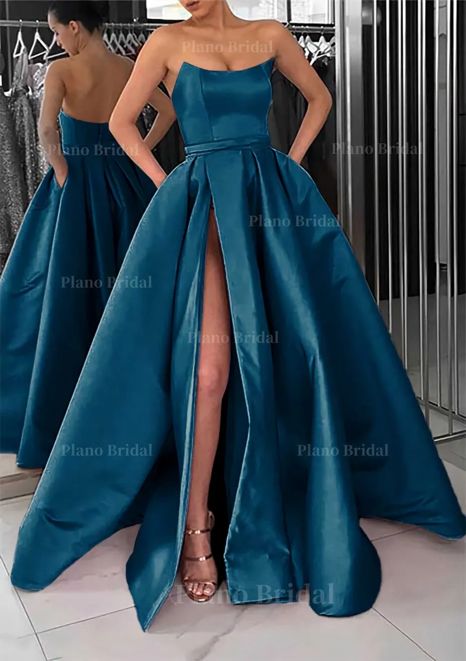 A-line Square Neckline Long/Floor-Length Satin Prom Dress With Pockets Split