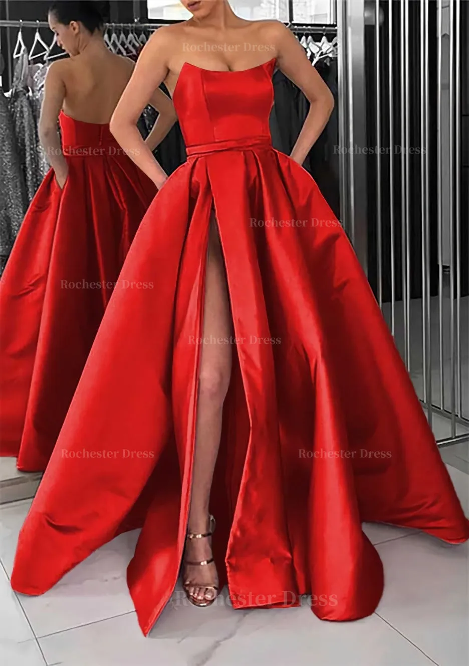 A-line Square Neckline Long/Floor-Length Satin Prom Dress With Pockets Split