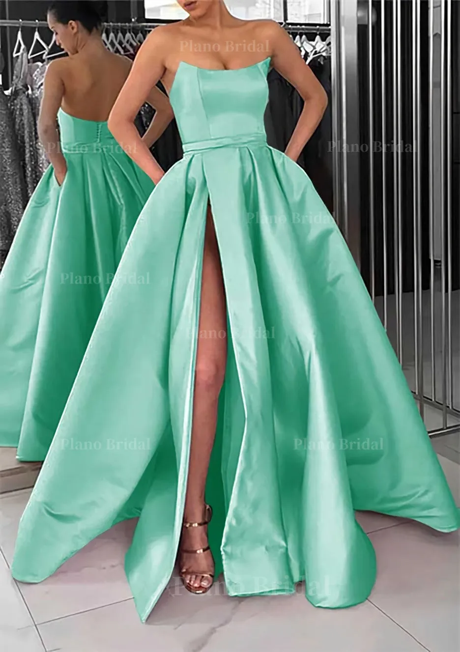 A-line Square Neckline Long/Floor-Length Satin Prom Dress With Pockets Split