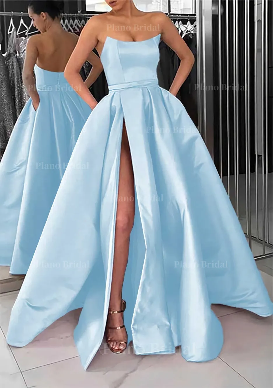 A-line Square Neckline Long/Floor-Length Satin Prom Dress With Pockets Split