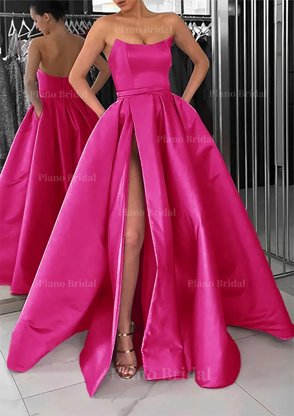 A-line Square Neckline Long/Floor-Length Satin Prom Dress With Pockets Split