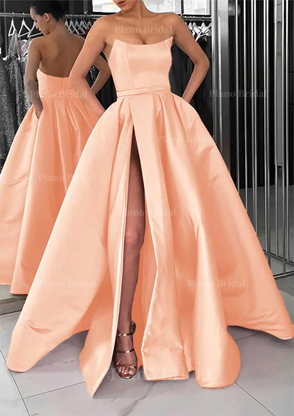 A-line Square Neckline Long/Floor-Length Satin Prom Dress With Pockets Split