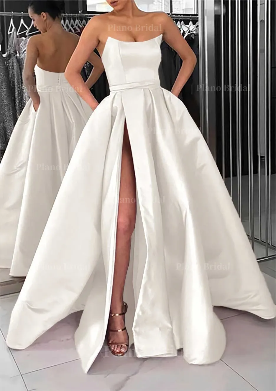 A-line Square Neckline Long/Floor-Length Satin Prom Dress With Pockets Split