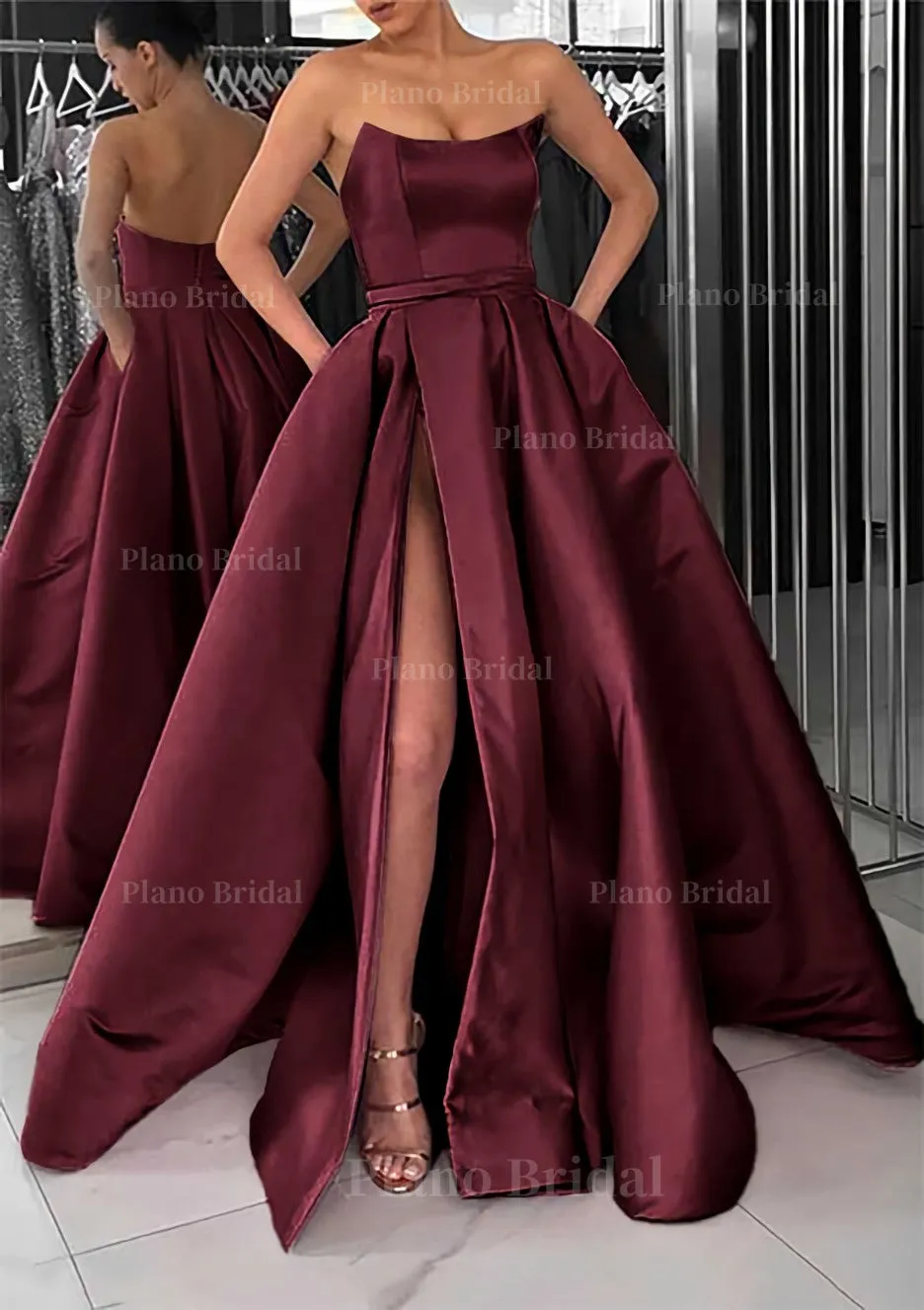 A-line Square Neckline Long/Floor-Length Satin Prom Dress With Pockets Split