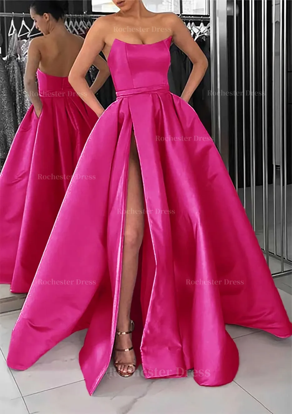 A-line Square Neckline Long/Floor-Length Satin Prom Dress With Pockets Split