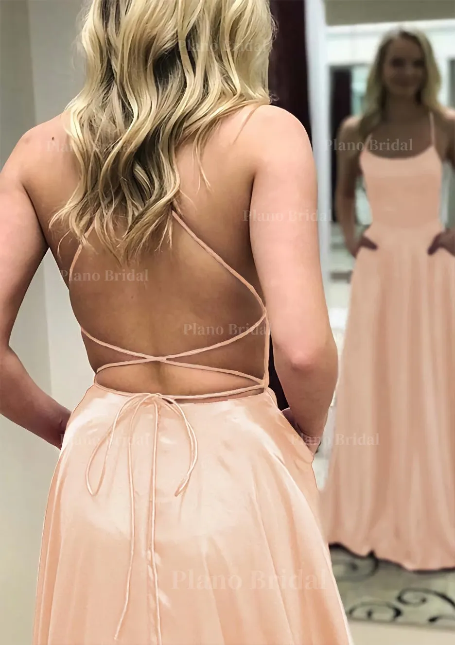 A-line Square Neckline Spaghetti Straps Long/Floor-Length Charmeuse Prom Dress With Split