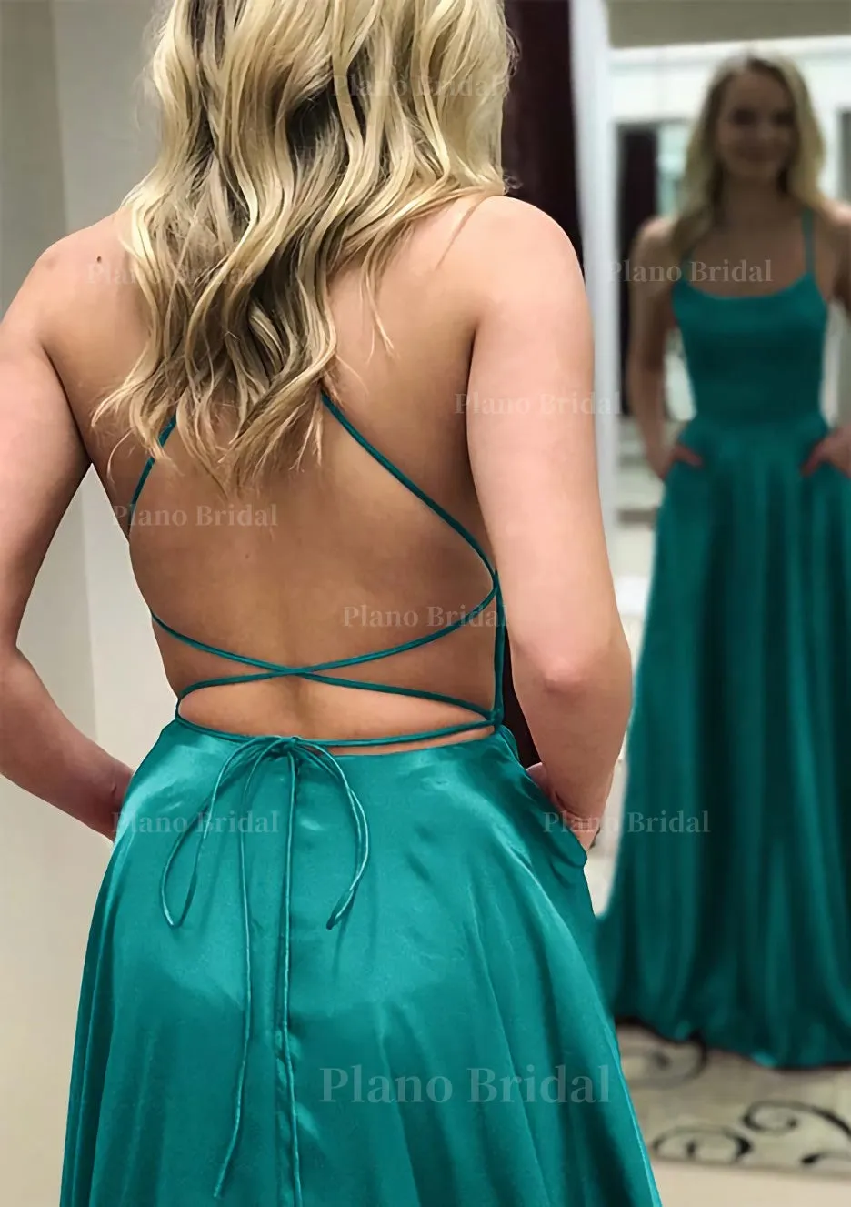 A-line Square Neckline Spaghetti Straps Long/Floor-Length Charmeuse Prom Dress With Split