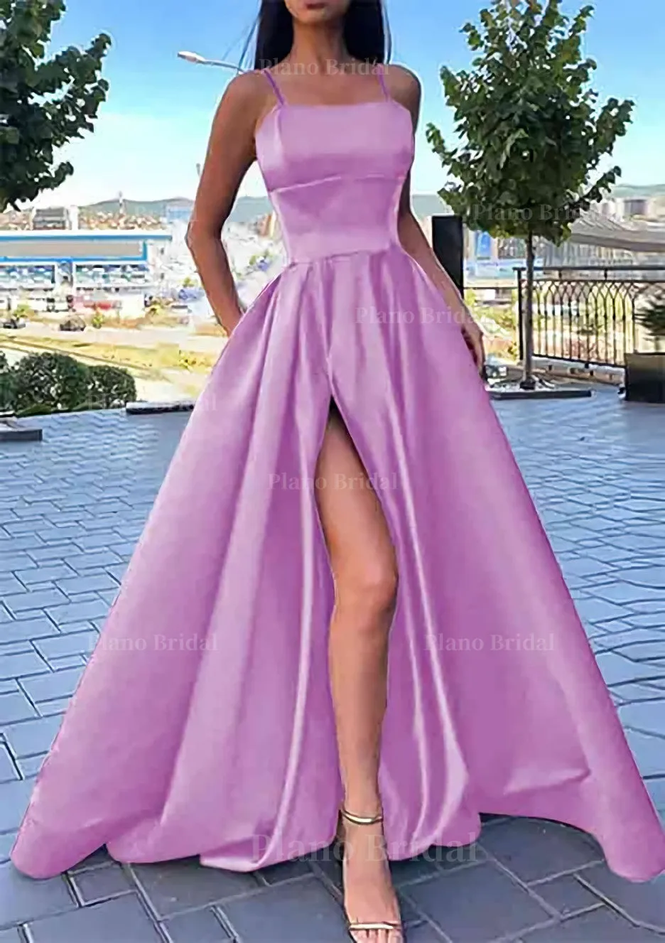 A-line Square Neckline Spaghetti Straps Long/Floor-Length Satin Prom Dress With Split Pockets