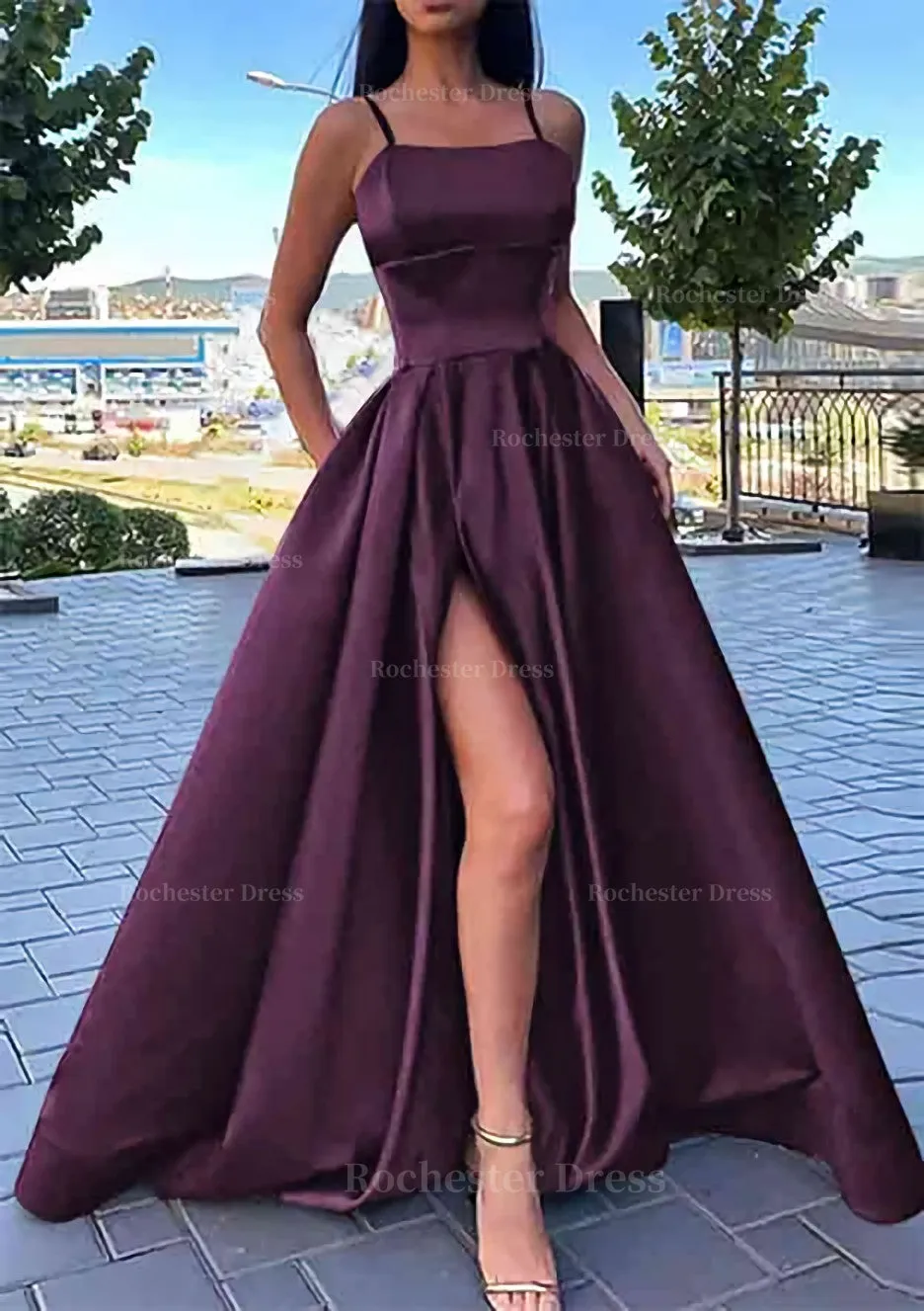 A-line Square Neckline Spaghetti Straps Long/Floor-Length Satin Prom Dress With Split Pockets