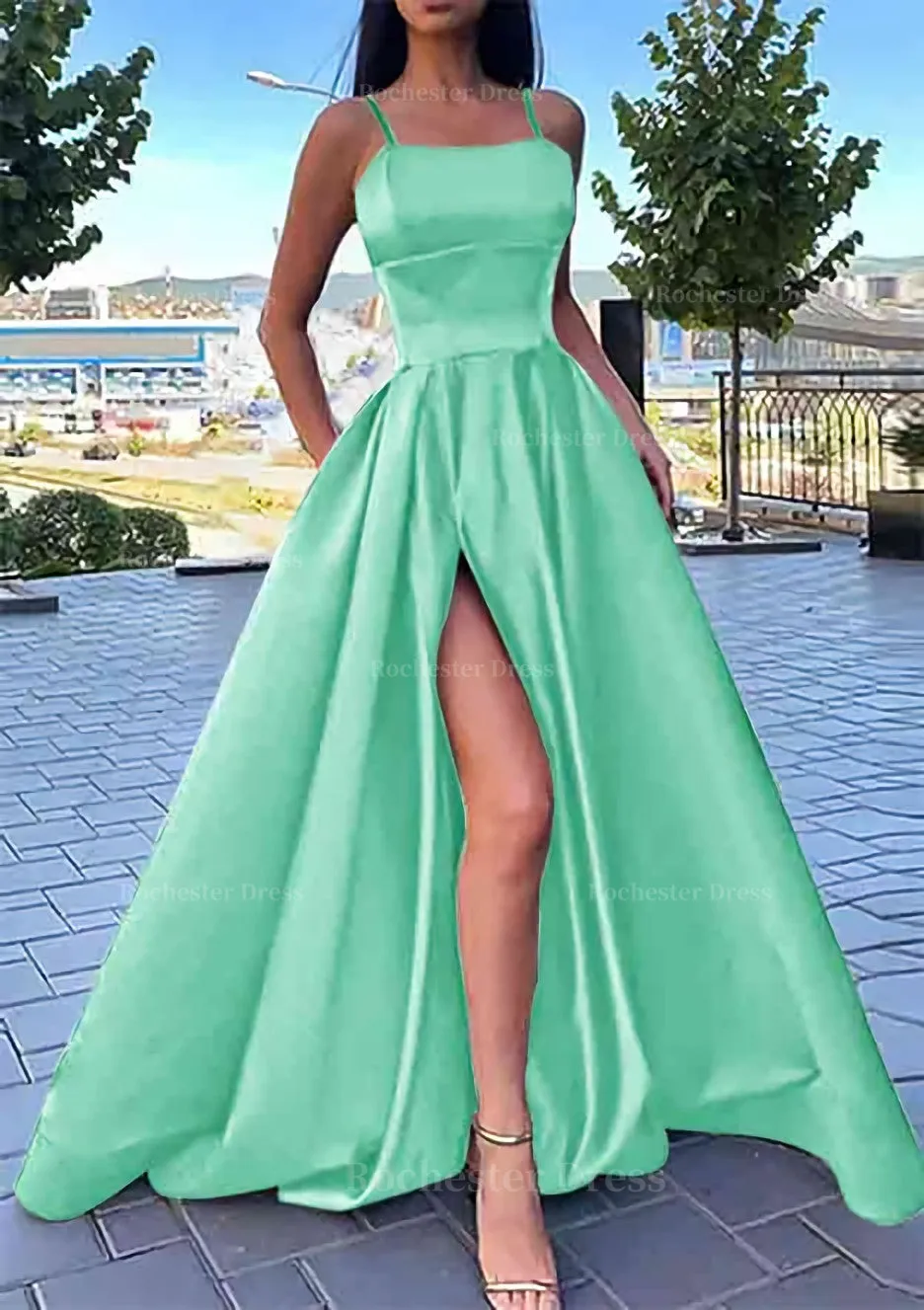 A-line Square Neckline Spaghetti Straps Long/Floor-Length Satin Prom Dress With Split Pockets