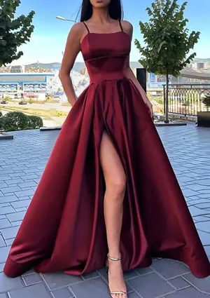 A-line Square Neckline Spaghetti Straps Long/Floor-Length Satin Prom Dress With Split Pockets