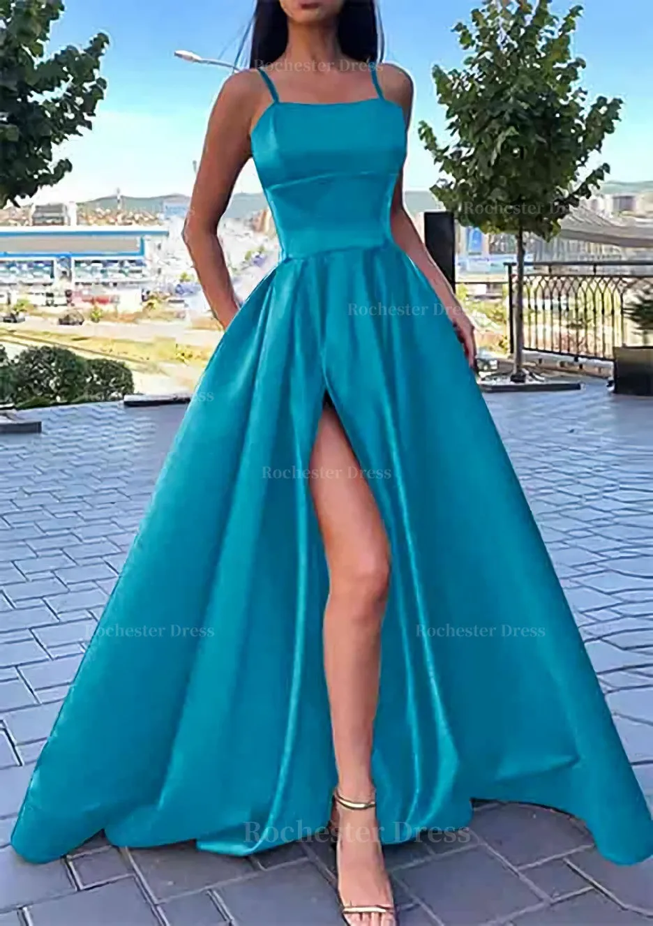 A-line Square Neckline Spaghetti Straps Long/Floor-Length Satin Prom Dress With Split Pockets