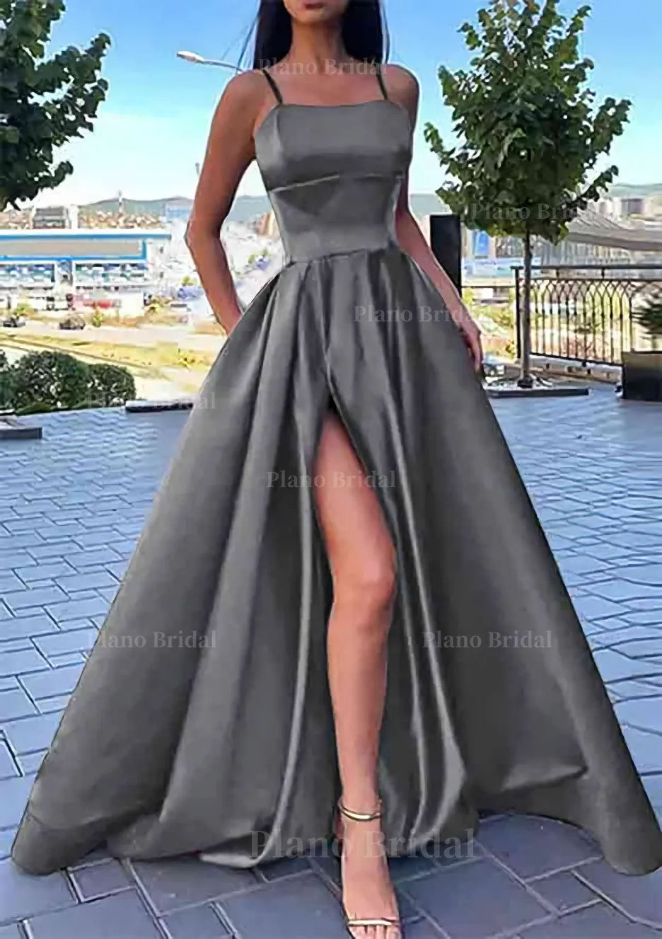 A-line Square Neckline Spaghetti Straps Long/Floor-Length Satin Prom Dress With Split Pockets