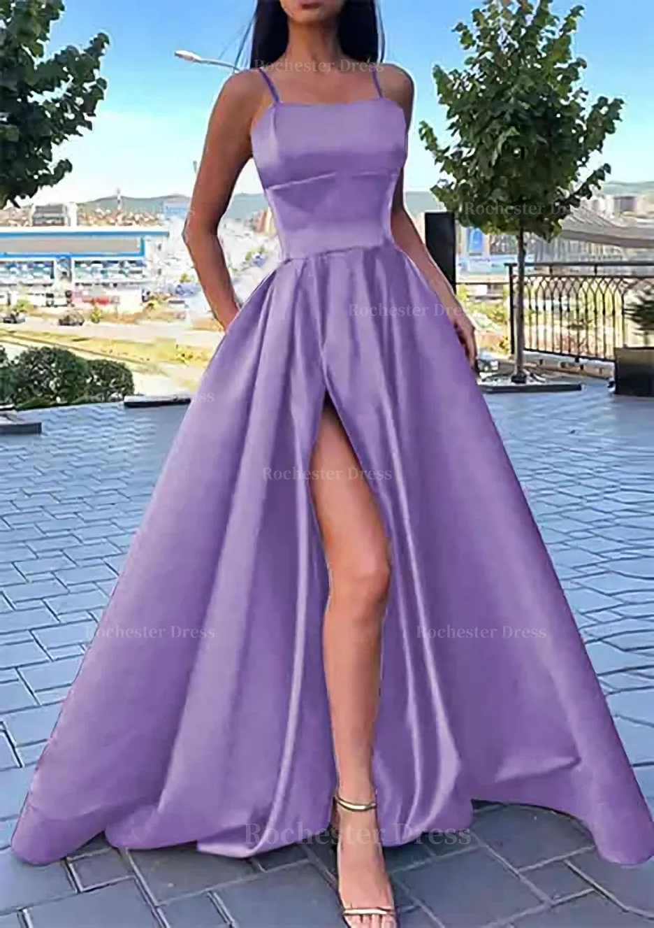 A-line Square Neckline Spaghetti Straps Long/Floor-Length Satin Prom Dress With Split Pockets