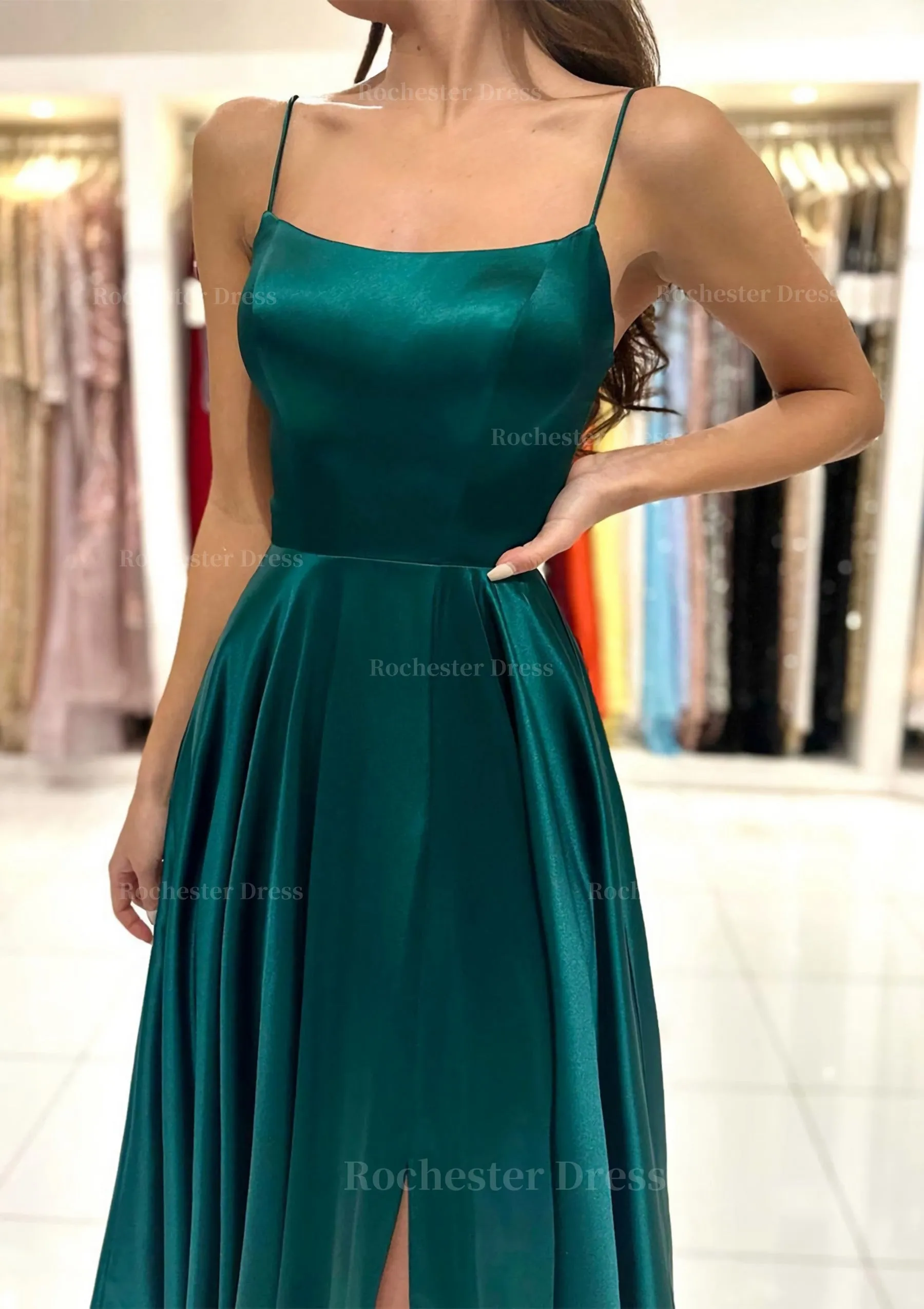 A-line Square Neckline Spaghetti Straps Sweep Train Charmeuse Prom Dress With Split