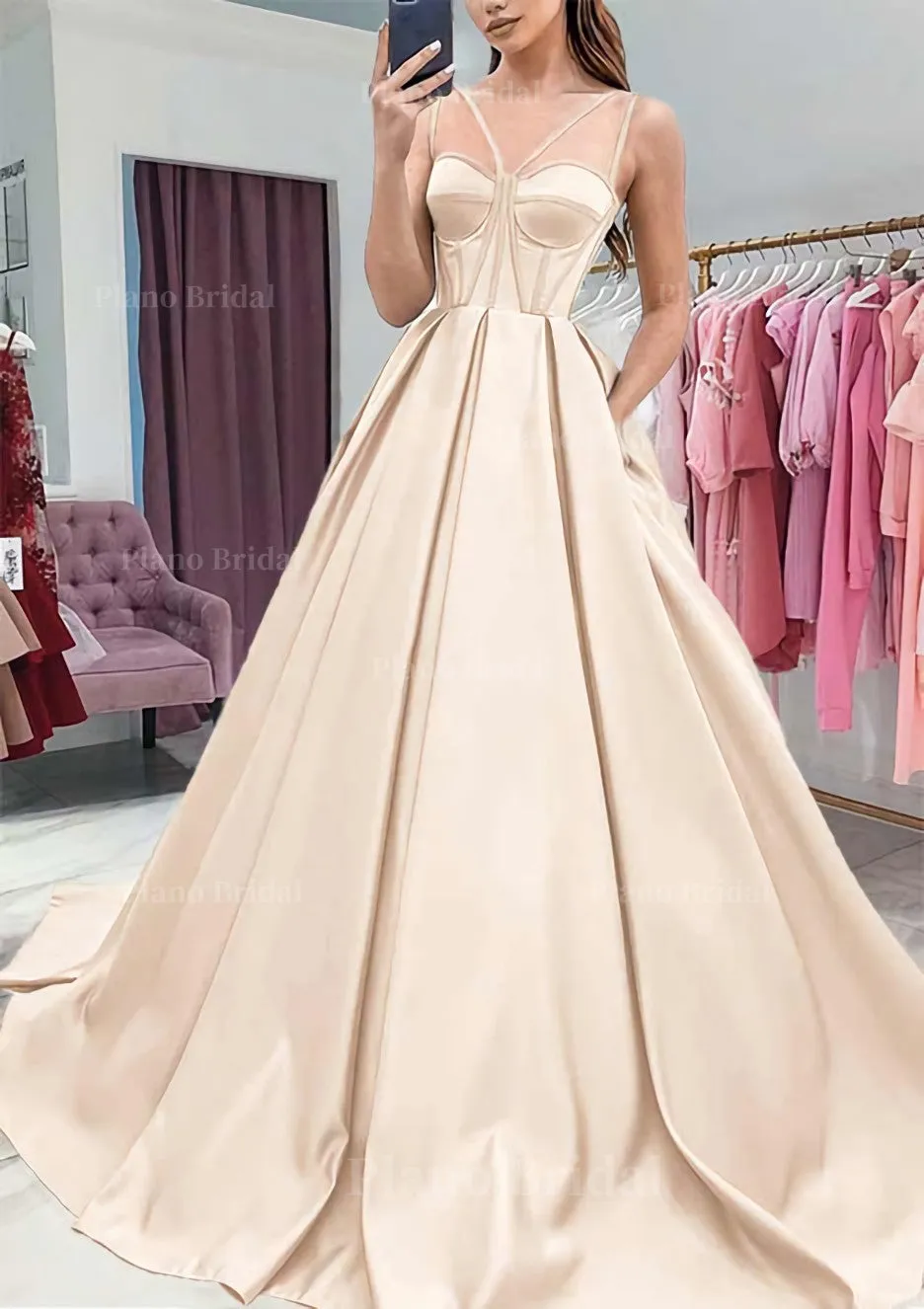 A-line Sweetheart Sleeveless Satin Sweep Train Prom Dress With Pockets