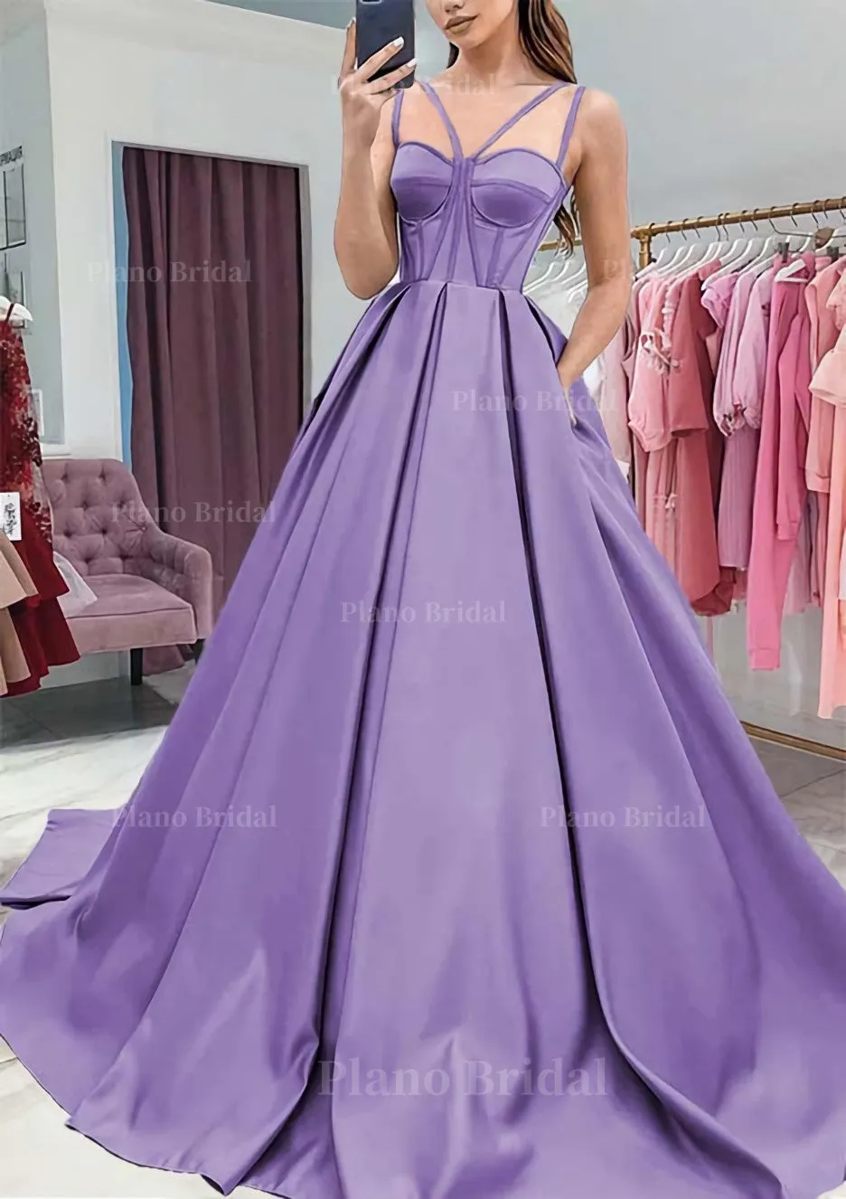 A-line Sweetheart Sleeveless Satin Sweep Train Prom Dress With Pockets