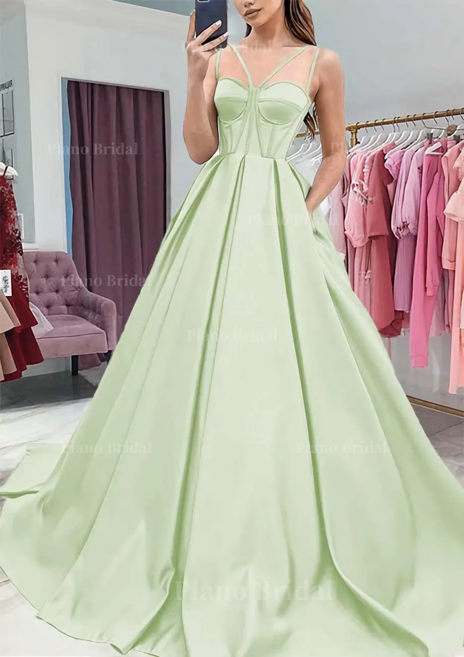 A-line Sweetheart Sleeveless Satin Sweep Train Prom Dress With Pockets