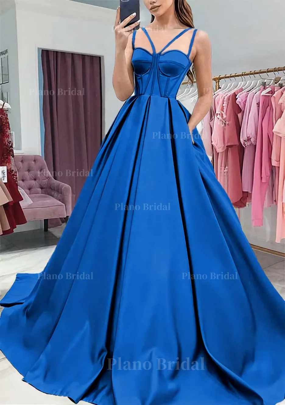 A-line Sweetheart Sleeveless Satin Sweep Train Prom Dress With Pockets