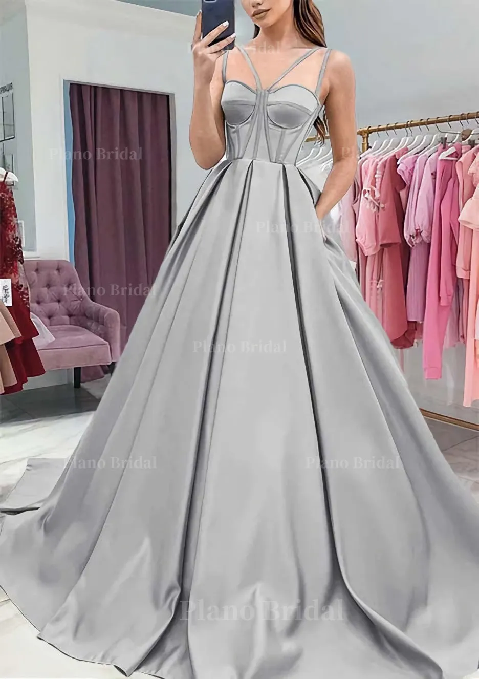 A-line Sweetheart Sleeveless Satin Sweep Train Prom Dress With Pockets