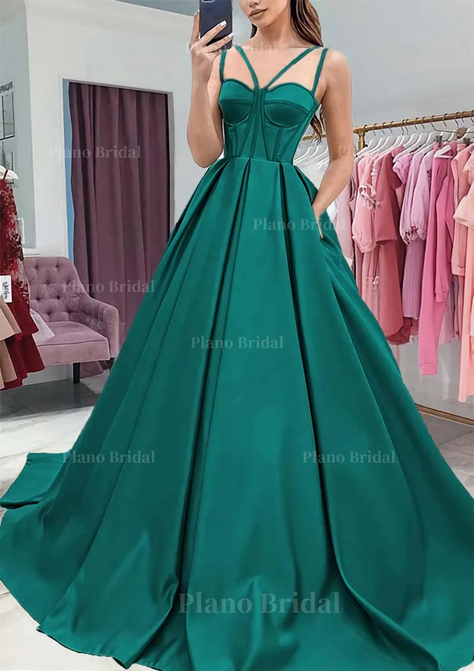 A-line Sweetheart Sleeveless Satin Sweep Train Prom Dress With Pockets