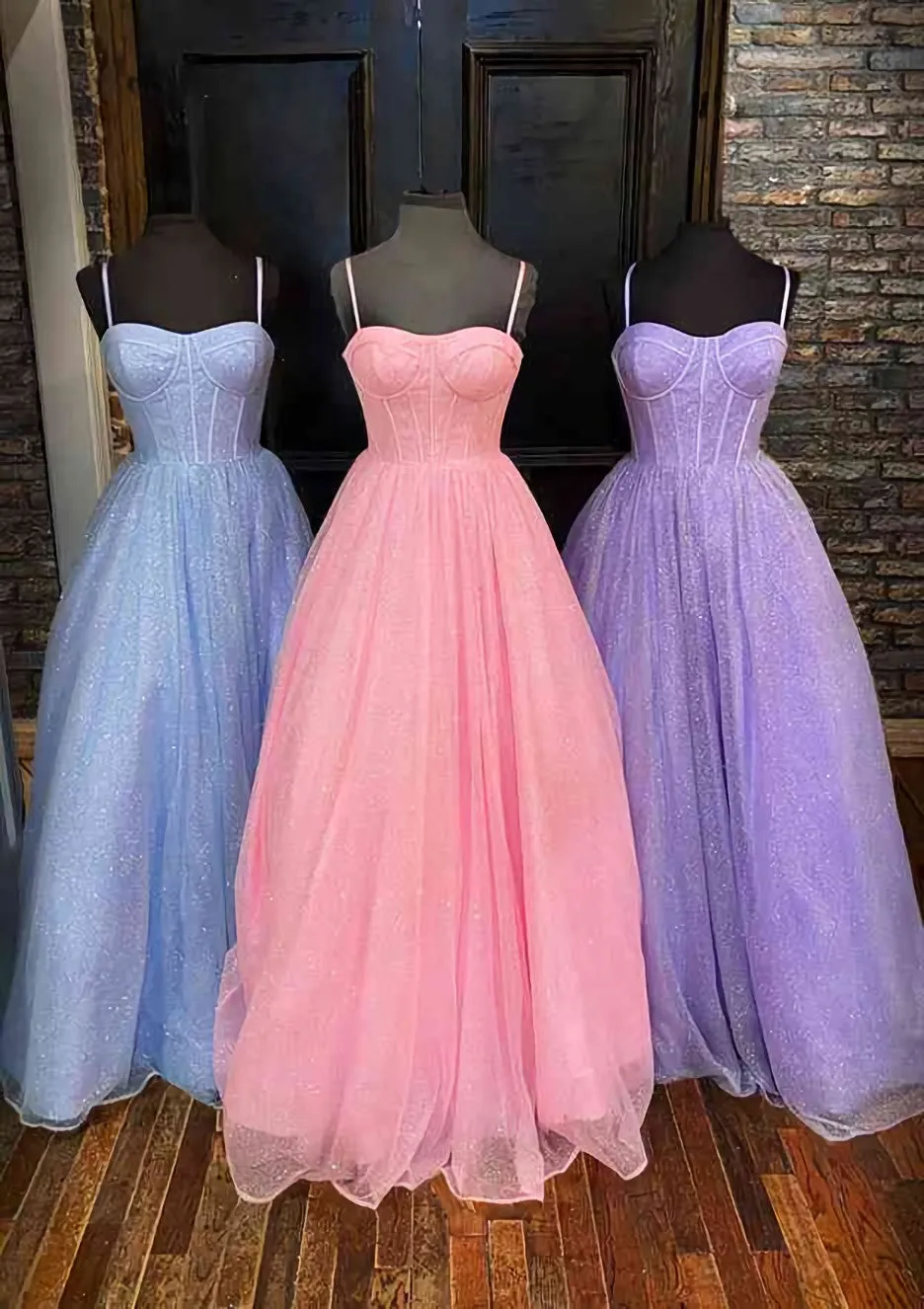 A-line Sweetheart Spaghetti Straps Long/Floor-Length Glitter Prom Dress With Pockets