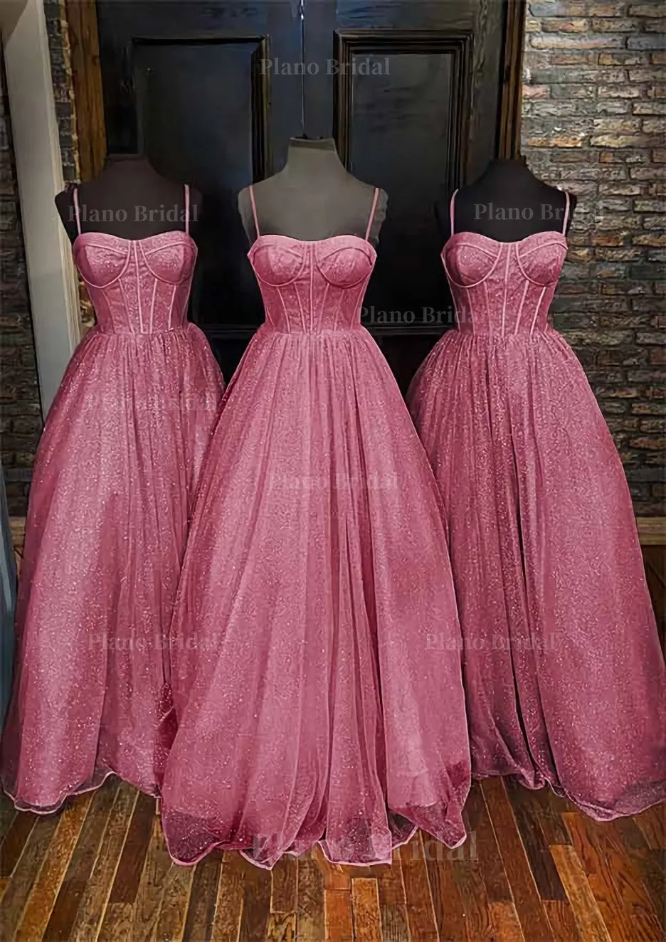 A-line Sweetheart Spaghetti Straps Long/Floor-Length Glitter Prom Dress With Pockets