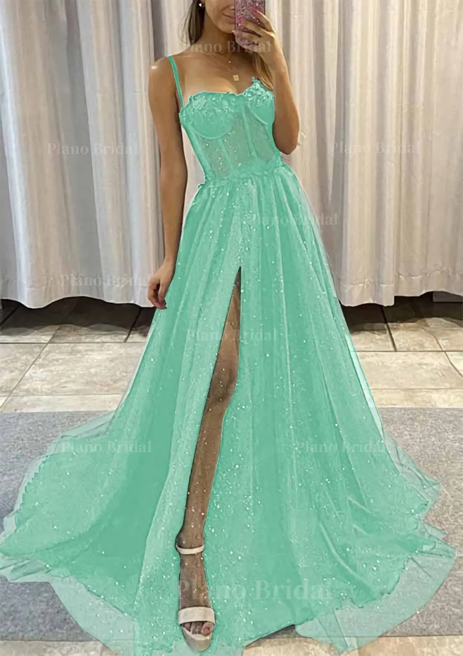 A-line Sweetheart Spaghetti Straps Sweep Train Tulle Glitter Prom Dress With Appliqued