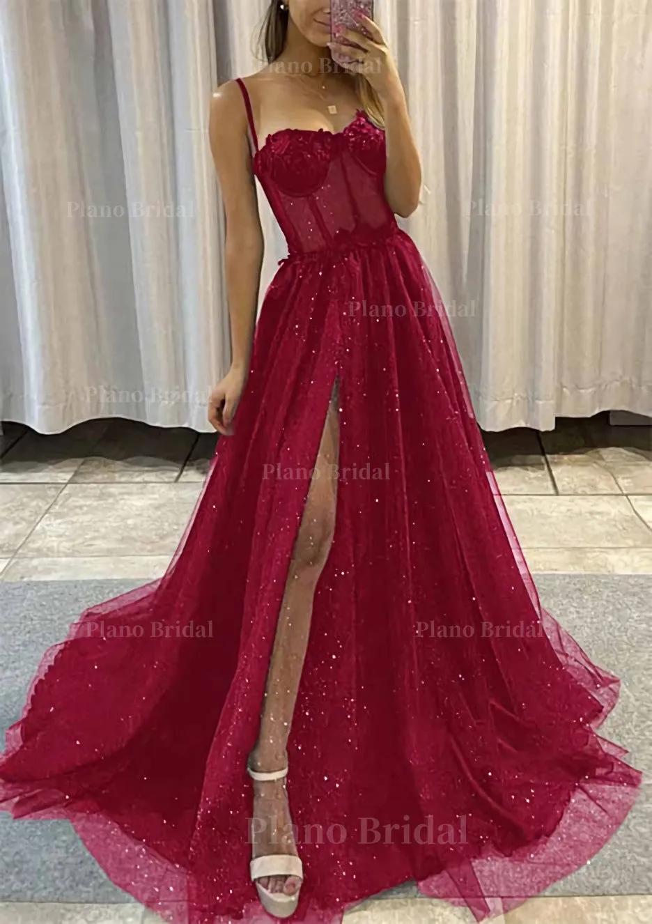 A-line Sweetheart Spaghetti Straps Sweep Train Tulle Glitter Prom Dress With Appliqued