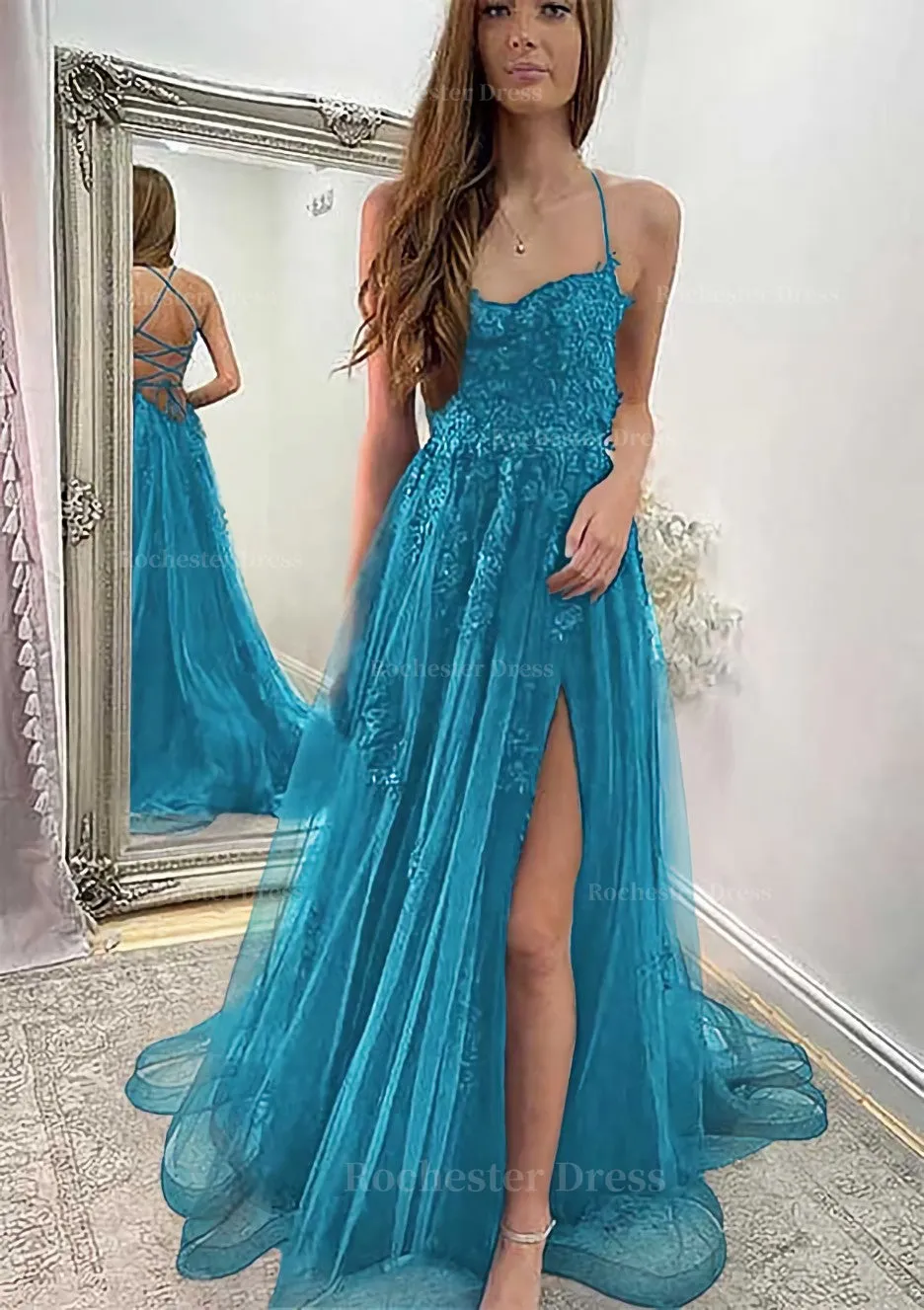 A-line Sweetheart Spaghetti Straps Sweep Train Tulle Prom Dress With Appliqued Split