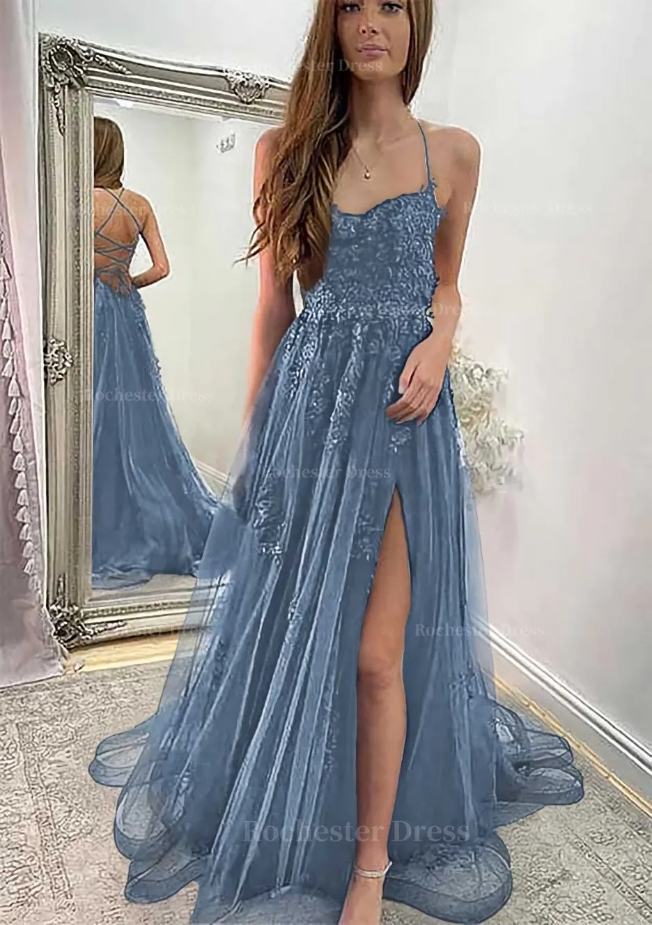 A-line Sweetheart Spaghetti Straps Sweep Train Tulle Prom Dress With Appliqued Split