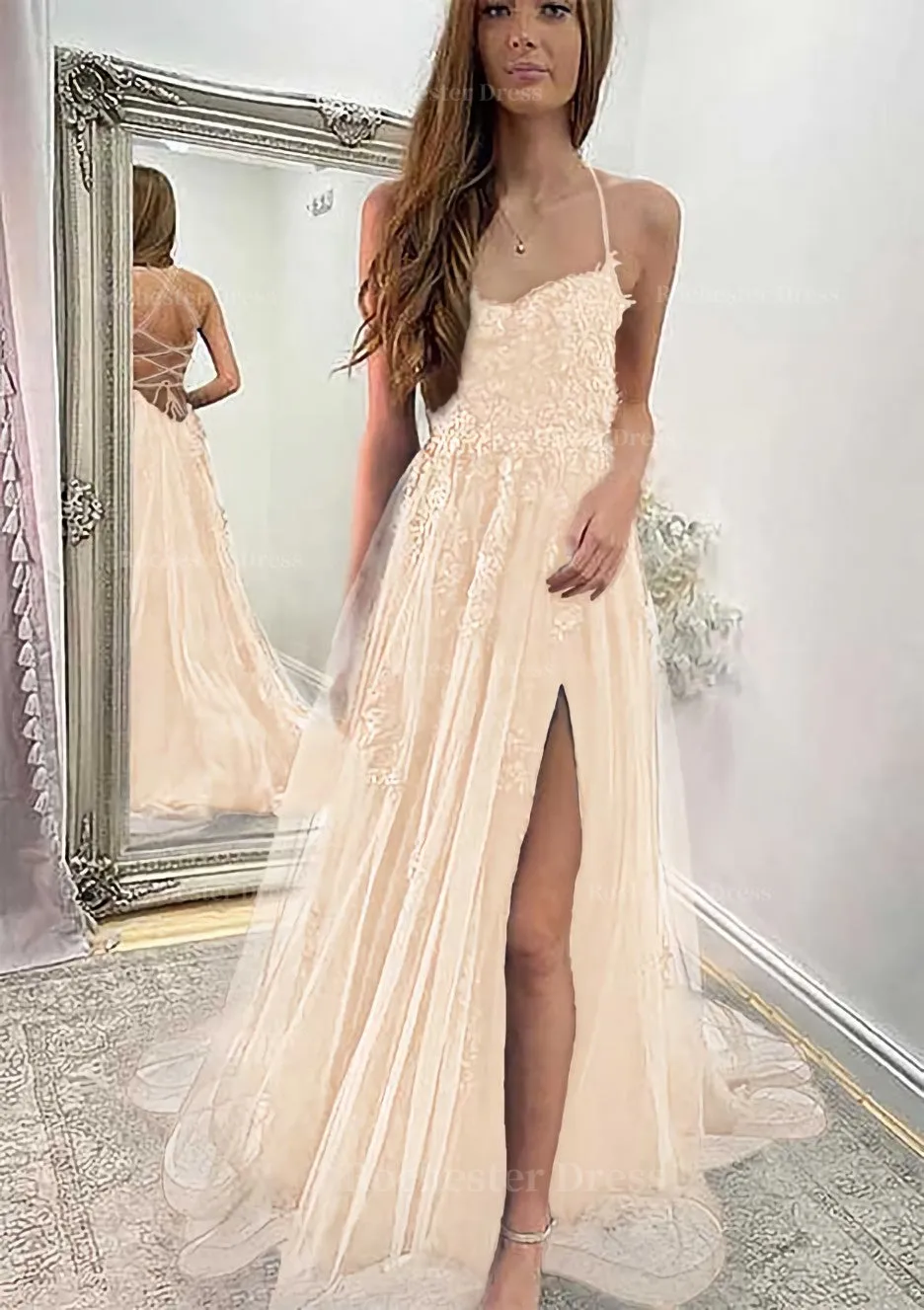 A-line Sweetheart Spaghetti Straps Sweep Train Tulle Prom Dress With Appliqued Split