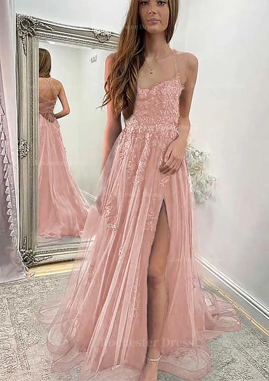 A-line Sweetheart Spaghetti Straps Sweep Train Tulle Prom Dress With Appliqued Split