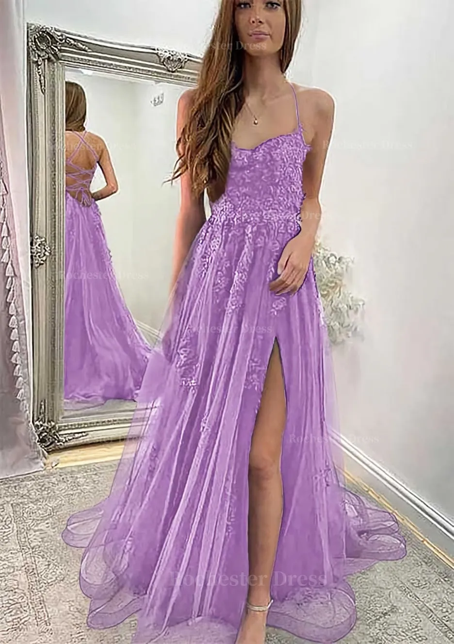 A-line Sweetheart Spaghetti Straps Sweep Train Tulle Prom Dress With Appliqued Split