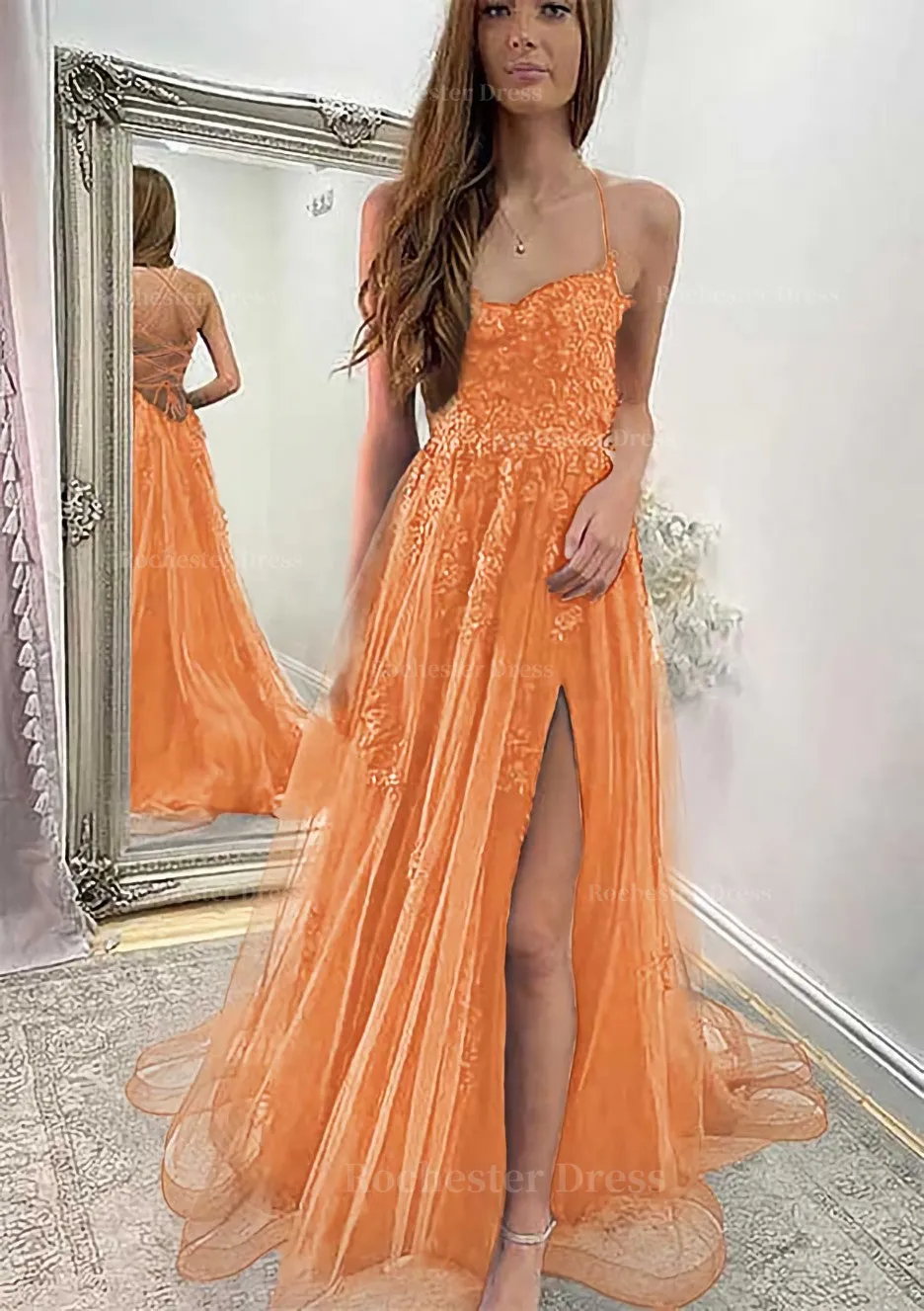 A-line Sweetheart Spaghetti Straps Sweep Train Tulle Prom Dress With Appliqued Split