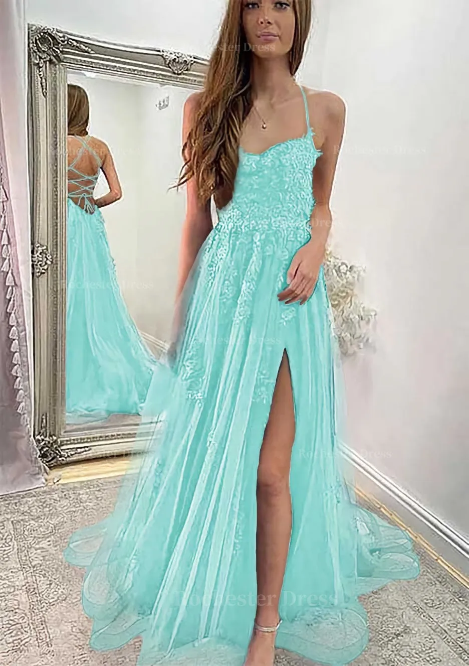 A-line Sweetheart Spaghetti Straps Sweep Train Tulle Prom Dress With Appliqued Split